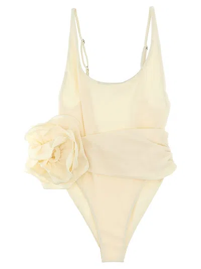 Magda Butrym Floral-appliqué Ruched Swimsuit In White
