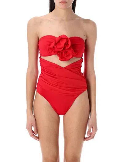 Magda Butrym Flower Appliqué Strapless Cutout Swimsuit In Red