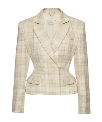 Magda Butrym Tailored Cotton Peplum Blazer In Cream Check In Brown