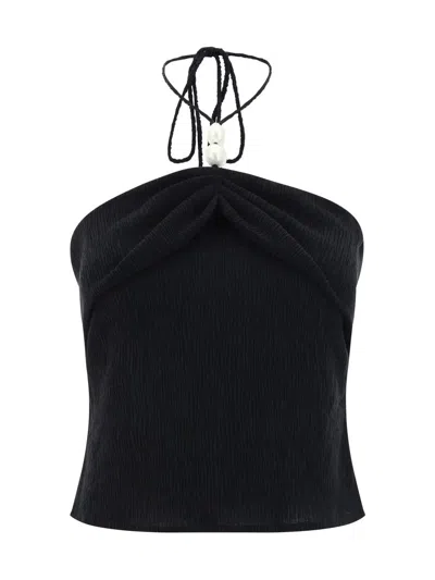Magda Butrym Embellished Textured Lyocell-blend Halterneck Top In Black