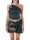 Magda Butrym Asymmetric Denim Floral One-shoulder Ruched Top In Blue