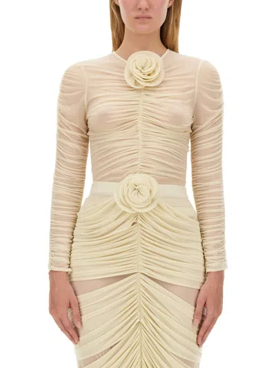 Magda Butrym Floral-appliqué Ruched Top In Beige