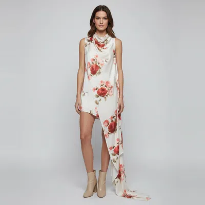 Pre-owned Magda Butrym White Floral Print Satin Draped Midi Dress S