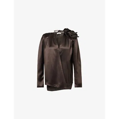 Magda Butrym Womens Brown Embellished V-neck Silk-blend Blouse