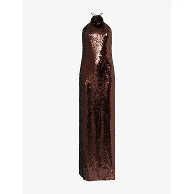 Magda Butrym Womens Brown Halterneck Flower-appliqué Woven Gown