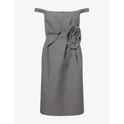 Magda Butrym Floral-embellished Off-the-shoulder Wool And Silk-blend Knee-length Dress In Gray