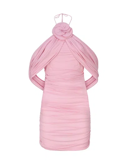 Magda Butrym Wrap Dress With Ruched Floral Appliqués In Pink