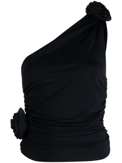 Magda Butrym Asymmetrical Top With Elegant Floral Detail And Ruched Design In Black