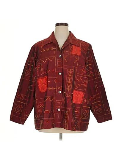 Pre-owned Maggie Barnes 3/4 Sleeve Silk Top Burgundy Collared Neckline Tops