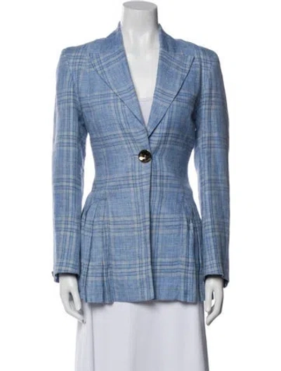 Pre-owned Maggie Marilyn Linen Plaid Print Blazer In Blue