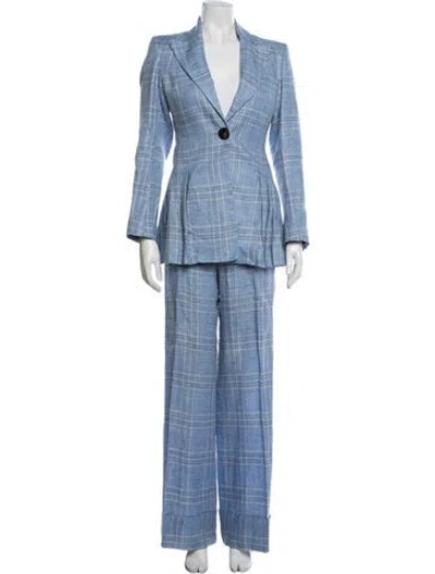 Pre-owned Maggie Marilyn Linen Plaid Print Pant Set In Blue