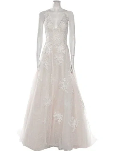 Pre-owned Maggie Sottero Plunge Neckline Long Dress W/ Tags In White