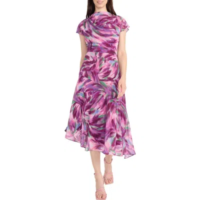 Maggy London Abstract Print Asymmetric Chiffon Midi Dress In Periwinkle,royal Purple
