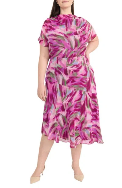 Maggy London Abstract Print Asymmetric Chiffon Midi Dress In Periwinkle,purple