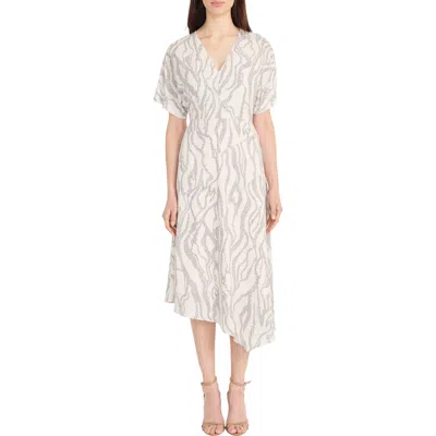 Maggy London Abstract Print Asymmetric Midi Dress In Ivory/charcoal