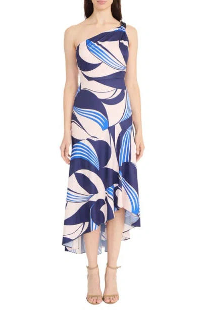 Maggy London Abstract Print Asymmetric Midi Dress In Navy/blush