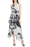 Maggy London Abstract Print Belted Handkerchief Hem Midi Dress In Black/silver/grey