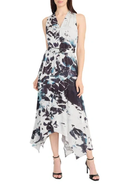 Maggy London Abstract Print Belted Handkerchief Hem Midi Dress In Black/silver/grey