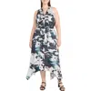 Maggy London Abstract Print Handkerchief Hem Midi Dress In Black/silver/grey