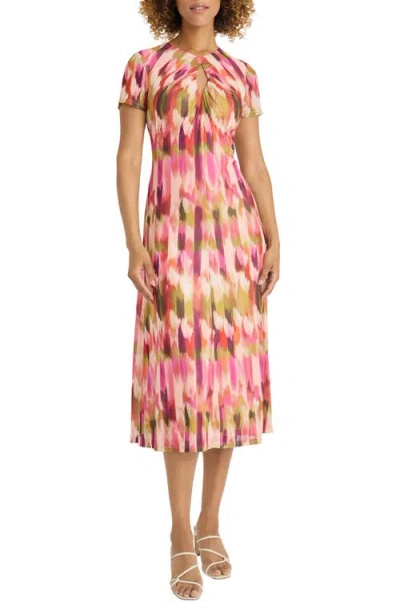 Maggy London Abstract Print Keyhole Midi Dress In Beige/fondant Pink