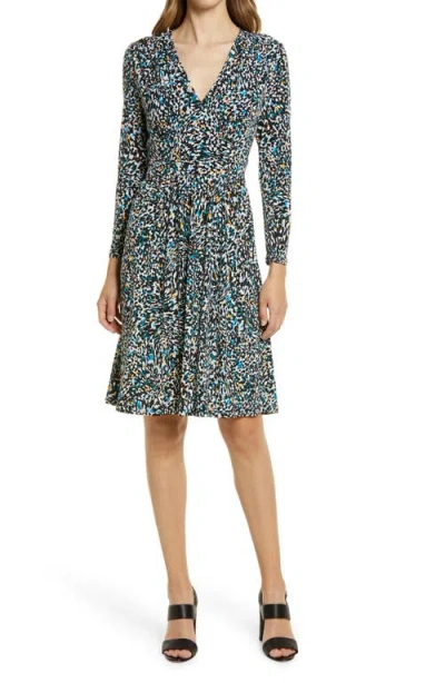 Maggy London Abstract Print Long Sleeve Fit & Flare Dress In Sapphire/botanical Garden
