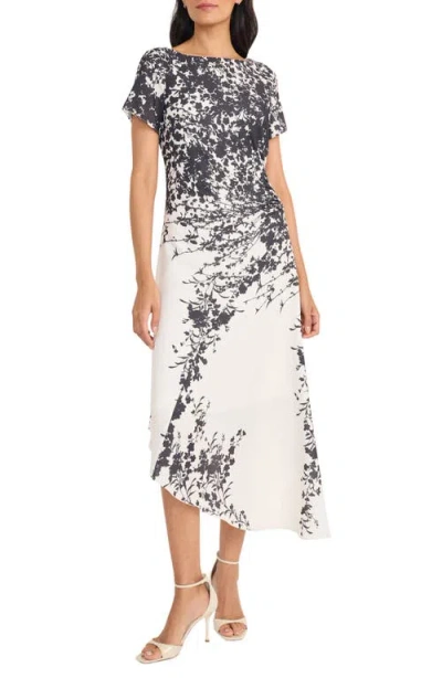 Maggy London Asymmetric Floral Print Dress In Cream/charcoal