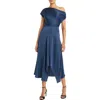Maggy London Asymmetric Neck & Hem Satin Cocktail Midi Dress In Ensign Blue