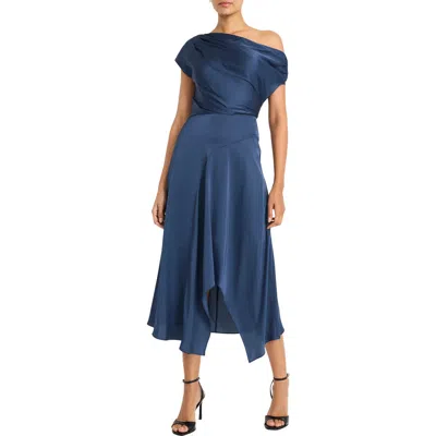 Maggy London Asymmetric Neck & Hem Satin Cocktail Midi Dress In Ensign Blue