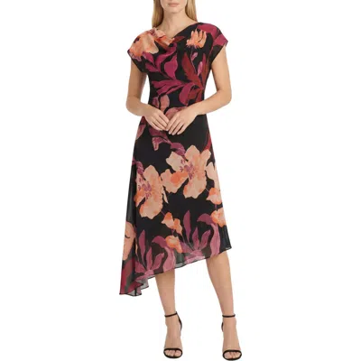 Maggy London Asymmetrical Cap Sleeve Floral Midi Dress In Brown