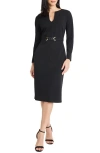 Maggy London Belted Long Sleeve Sheath Dress In Black