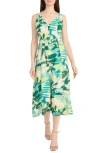 Maggy London Botanical Print Belted A-line Dress In Green