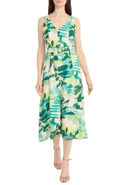 Maggy London Botanical Print Belted A-line Dress In Green/multi