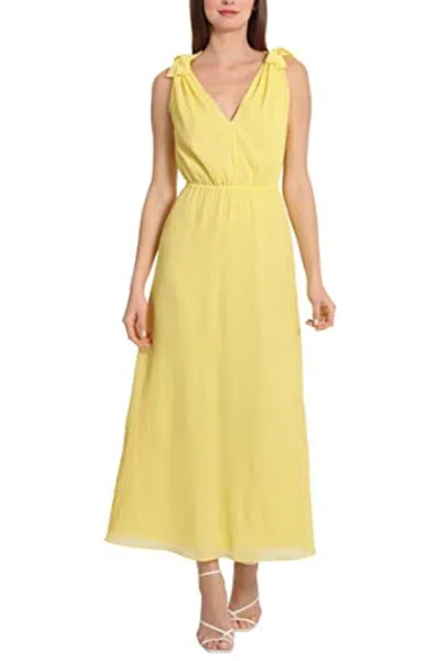 Maggy London Bow Tie Strap Accordion Midi Dress In Lemon In Yellow