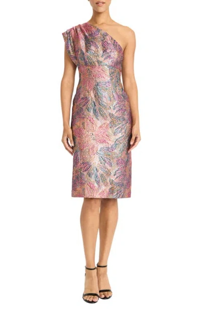 Maggy London Brocade One-shoulder Cocktail Dress In Magenta/teal/orange