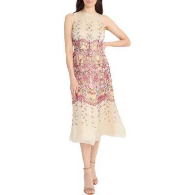 Maggy London Butterfly Print Sleeveless Midi Dress In Ivory/pink