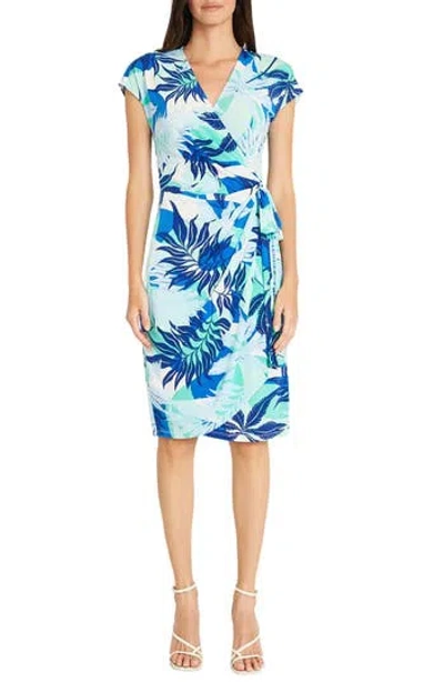 Maggy London Cap Sleeve Matte Jersey Wrap Dress In Sky Blue/navy