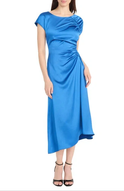 Maggy London Cap Sleeve Ruched Satin Cocktail Dress In Blue