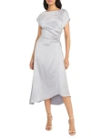 Maggy London Cap Sleeve Ruched Satin Cocktail Dress In Silver