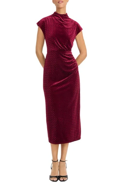 Maggy London Cap Sleeve Textured Velvet Midi Dress In Burgundy