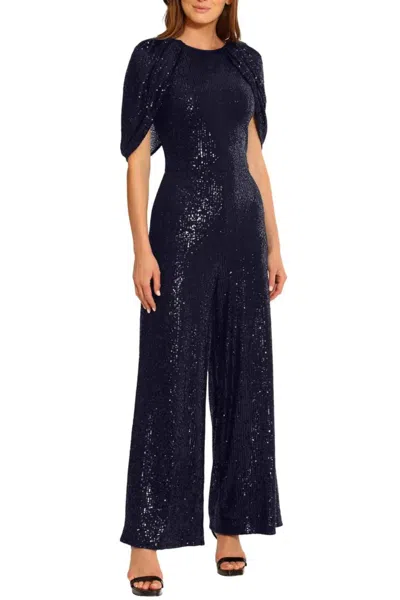 Maggy London Cape Sleeve Sequined Jumpsuit In Navy In Blue