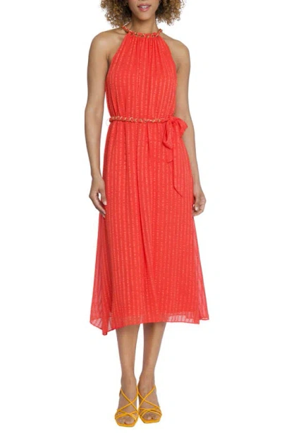 Maggy London Chain Trim Metallic Stripe Sleeveless Midi Dress In Fire Red