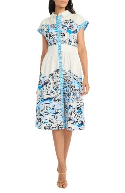 Maggy London City Scene Print Stretch Cotton Midi Shirtdress In White/blue