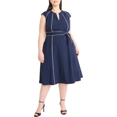 Maggy London Contrast Piping Belted Midi Dress In Blue