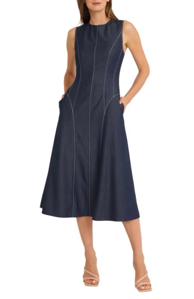Maggy London Contrast Stitch Sleeveless Denim Midi Dress In Blue