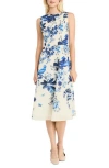 Maggy London Cotton Voile Fit & Flare Midi Dress In Cream/denim Blue