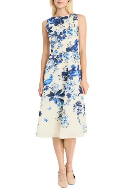 Maggy London Cotton Voile Fit & Flare Midi Dress In Cream/denim Blue