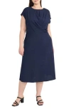 Maggy London Draped Bodice Cap Sleeve A-line Midi Dress In Blue