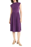 Maggy London Draped Bodice Cap Sleeve Pleated Midi Dress In Plum