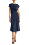 Maggy London Draped Bodice Knit Midi Dress In Navy
