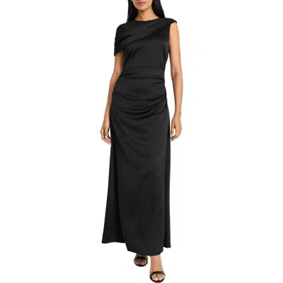 Maggy London Draped Mesh Shoulder Satin Cocktail Dress In Black